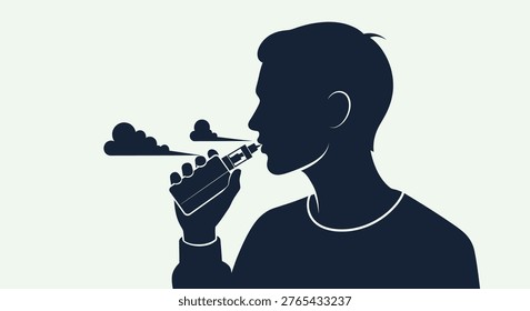 Silhouette of a man vaping, exhaling clouds of vapor. Modern lifestyle and unhealthy habit concept illustration.