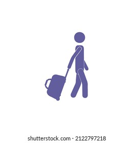 Silhouette of a man in very peri color, holding a suitcase for travel, vector icons on an isolated white background