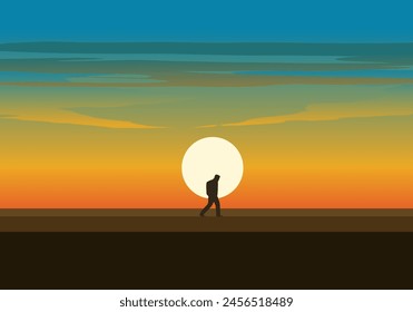 Silhouette of a man walking alone in sunset