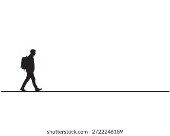 Silhouette des Mannes, der mit Rucksack-Seitenansicht einzeln auf weißem Hintergrund läuft