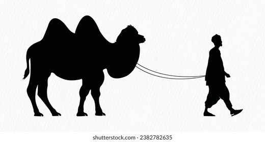 Silhouette of a man walking with camel