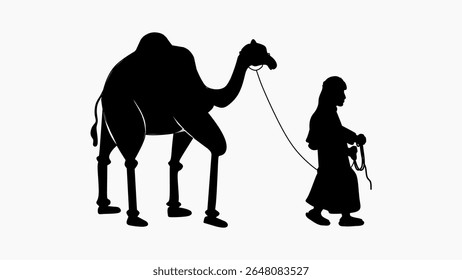 Silhouette of a Man Walking with Camel. Desert Nomad Illustration