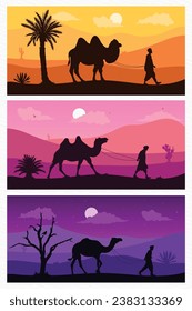 Silhouette of a man walking with a camel isolated in the evening, night, dawn desert background