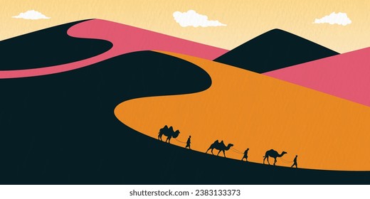 Silhouette of a man walking with a camel isolated in the evening, night, dawn desert background