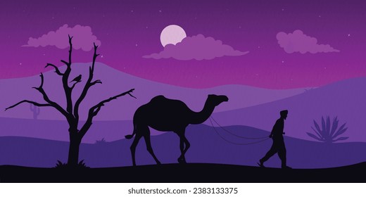 Silhouette of a man walking with a camel isolated in the evening, night, dawn desert background