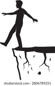 silhouette man walking cliff edge danger risk concept isolated black white vector illustration graphic design