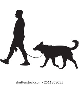A silhouette of a man walking a dog