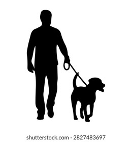 Silhouette of a man walking a dog on a leash, emphasizing companionship and outdoor activity, with a plain background for focus on subjects.