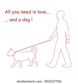Silhouette of a man walking a dog on a leash. Label for pet shop. Design element for postcard, banner, flyer.