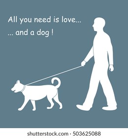 Silhouette of a man walking a dog on a leash. Label for pet shop. Design element for postcard, banner, flyer.