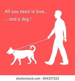 Silhouette of a man walking a dog on a leash. Label for pet shop. Design element for postcard, banner, flyer.