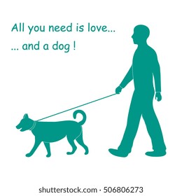Silhouette of a man walking a dog on a leash. Label for pet shop. Design element for postcard, banner, flyer.