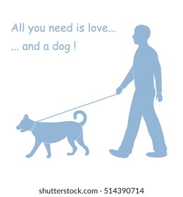 Silhouette of a man walking a dog on a leash. Label for pet shop. Design element for postcard, banner, flyer.