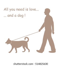 Silhouette of a man walking a dog on a leash. Label for pet shop. Design element for postcard, banner, flyer.