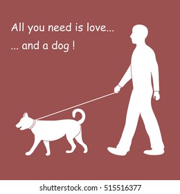 Silhouette of a man walking a dog on a leash. Label for pet shop. Design element for postcard, banner, flyer.