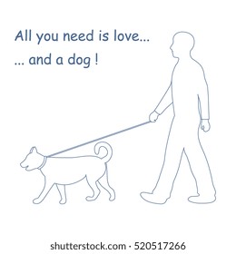 Silhouette of a man walking a dog on a leash. Label for pet shop. Design element for postcard, banner, flyer.