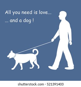 Silhouette of a man walking a dog on a leash. Label for pet shop. Design element for postcard, banner, flyer.