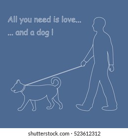 Silhouette of a man walking a dog on a leash. Label for pet shop. Design element for postcard, banner, flyer.