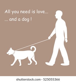 Silhouette of a man walking a dog on a leash. Label for pet shop. Design element for postcard, banner, flyer.