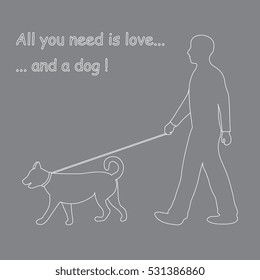 Silhouette of a man walking a dog on a leash. Label for pet shop. Design element for postcard, banner, flyer.