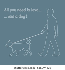Silhouette of a man walking a dog on a leash. Label for pet shop. Design element for postcard, banner, flyer.