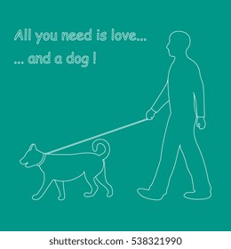 Silhouette of a man walking a dog on a leash. Label for pet shop. Design element for postcard, banner, flyer.