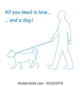 Silhouette of a man walking a dog on a leash. Label for pet shop. Design element for postcard, banner, flyer.