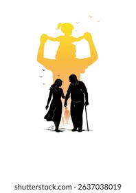 Silhouette of a man walking with an elderly parent through nature, with a shadow recalling moments of him carrying his child. A story of time and love.