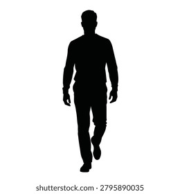 Silhouette of a man walking facing forward isolated on white background