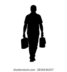 Silhouette of a man walking forward carrying two briefcases, symbolizing business, travel, or professional movement against a plain background.