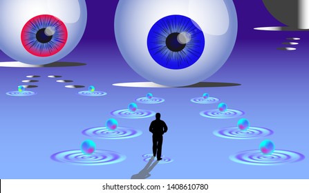 Silhouette of a man walking forward on a liquid surface and gigantic eyes are looking at him