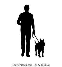 Silhouette of a man walking his dog on a leash, capturing a peaceful moment of pet companionship and outdoor activity.