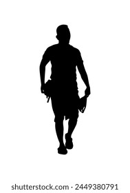 Silhouette of a man walking, holding a hat, wearing a t-shirt, shorts and a waist bag. Flat vector design.