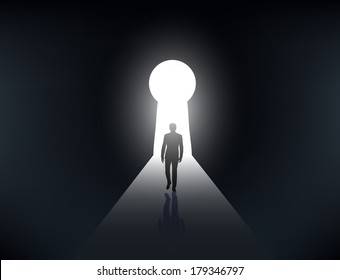 silhouette of a man walking in the light from the keyhole