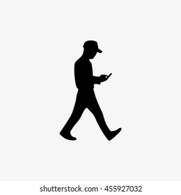 Silhouette man walking with mobile phone in hand and playing video game. Icon man playing phone. Vector illustration