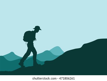 Silhouette man walking up a mountain Using a concept effort for 