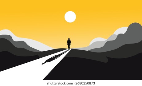 Silhouette of a man walking on a path towards the sun in a mountain landscape