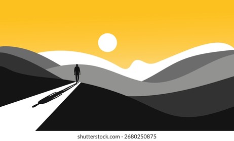 Silueta de un hombre caminando en un camino hacia el sol en un paisaje de montaña
