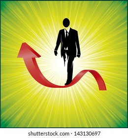 silhouette of man walking on red rope, red background.
