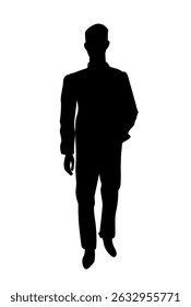 Silhouette of a man walking with one hand in pocket, black figure on white background, concept of anonymity, mystery and identity. Vector illustration