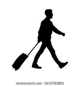 Silhouette man walking and pulling a suitcase. Vector illustration