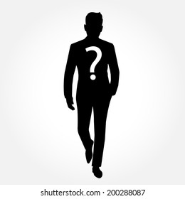 Silhouette of a man walking with question mark - suspect concept 