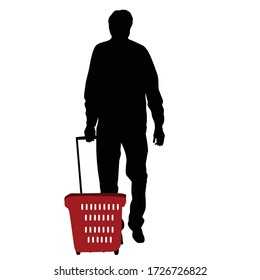 Silhouette of a man walking with shopping basket on white background, vactor illustration