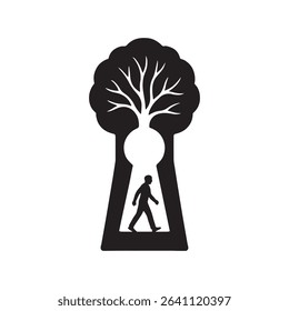 Silhouette of a man walking through a keyhole tree
