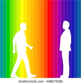 Silhouette of Man Walking Toward to another Man in Suites in Colorful Rainbow Background