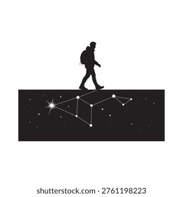 Silhouette of a man walking towards a constellation and starry night sky