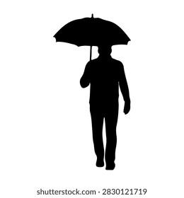 Silhouette of a man walking with an umbrella, capturing a rainy day scene with a focus on protection and weather resilience.