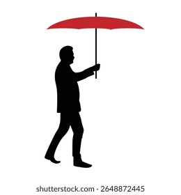 Silhouette of Man Walking with Umbrella Isolated on White. People and weather conditions concept vector art