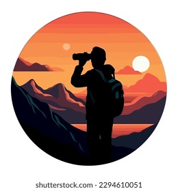 Silhouette of man watching sunset on mountain peak, design