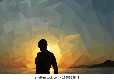 Silhouette of man watching sunset over the sea. Vector illustration of a young man and sea. Low poly male silhouette and sea sunset.